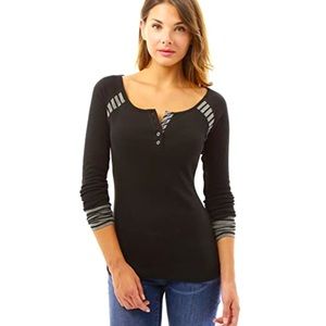 Long Sleeve Strip Trim Henley Blouse